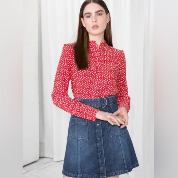 & Other Stories Heart Print Buttondown Top Blouse 2 Valentine’s Day Holiday Red - Picture 2 of 11